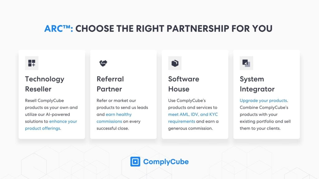 Programa de asociación ComplyCube ARC Tipos de socios para impulsar el crecimiento de los ingresos