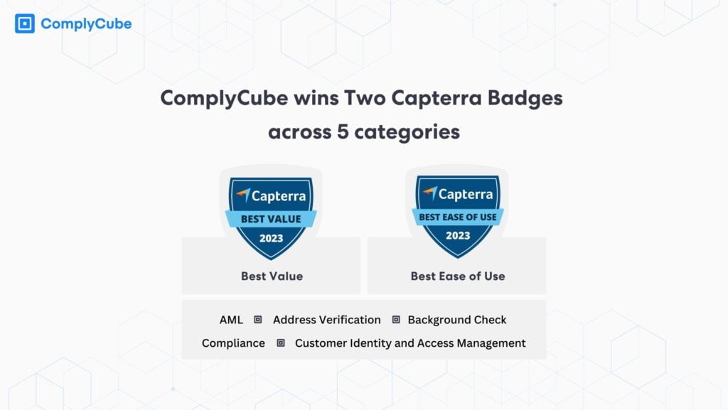 ComplyCube Capterra Win 2 badges across five categories: AML, Compliance, CIAM, Address Verification, Background Check; AML Capterra Badges